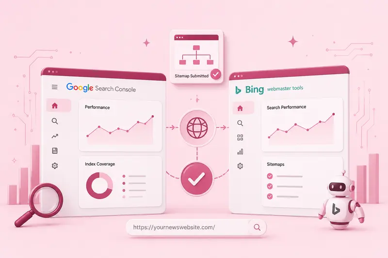 Side-by-side illustration of Google Search Console and Bing Webmaster Tools dashboards showing performance graphs, index coverage, sitemaps, and a submitted sitemap confirmation — with a news site URL in the browser bar below.