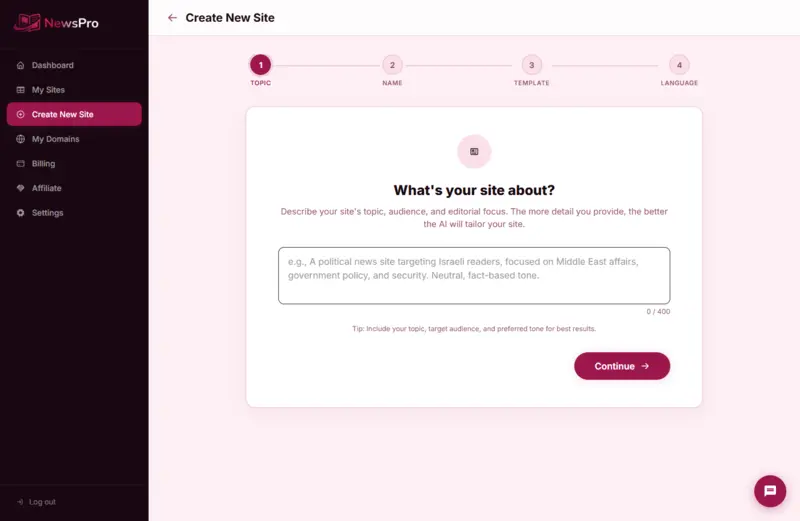 Screenshot of the NewsPro customer portal showing step 1 of the 4-step site creation wizard. A textarea prompts the user to describe their site topic, audience, and editorial focus, with a 400-character limit and a Continue button.