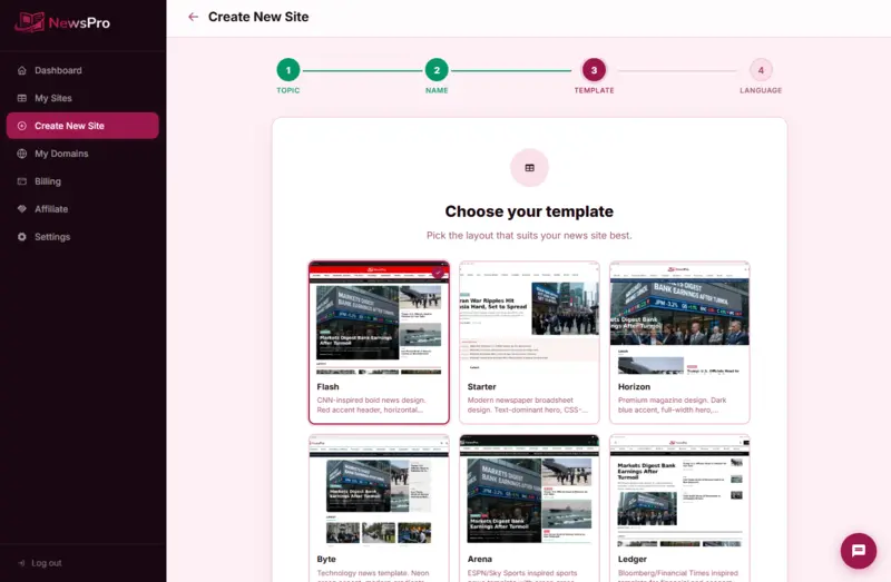 Screenshot of the NewsPro customer portal showing step 3 of the site creation wizard. The template selection grid displays Flash, Starter, Horizon, Byte, Arena, and Ledger templates with preview thumbnails.