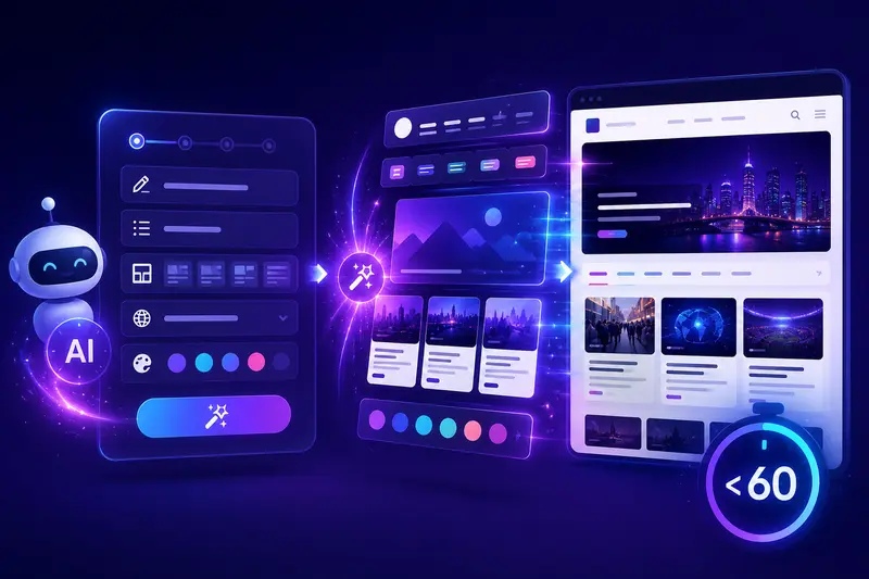 An AI site wizard automatically building a complete, SEO-ready news website in under 60 seconds.