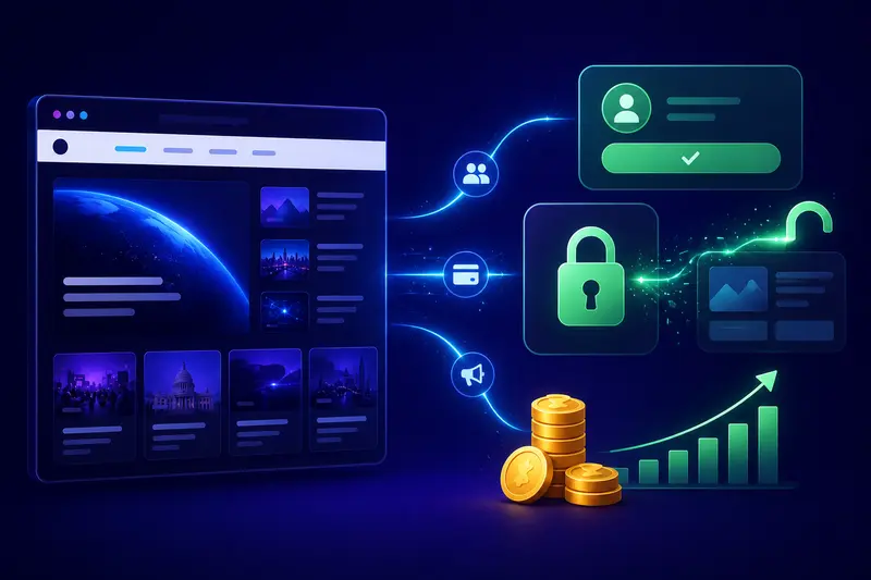 News website monetization with subscriptions, an unlocking paywall, and a rising revenue chart.