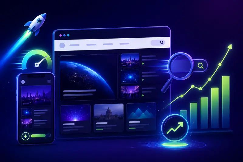News website SEO and growth signals: fast mobile page speed, a rising traffic graph, and climbing search rankings.