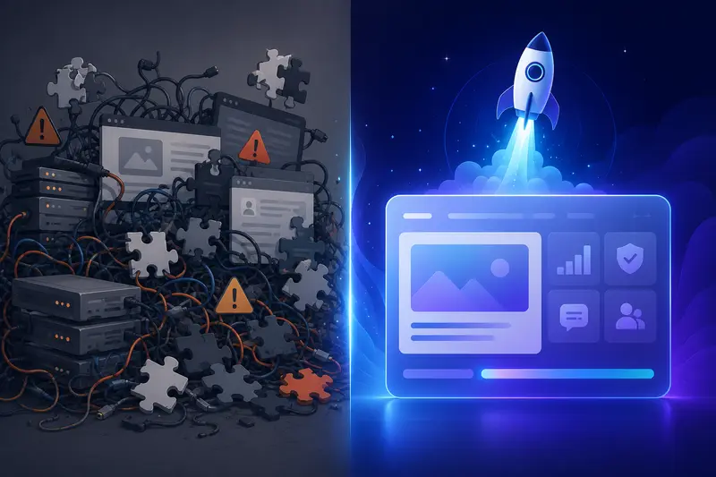 Comparison of a cluttered WordPress and plugins website stack versus a clean all-in-one platform for starting a news website in 2026.